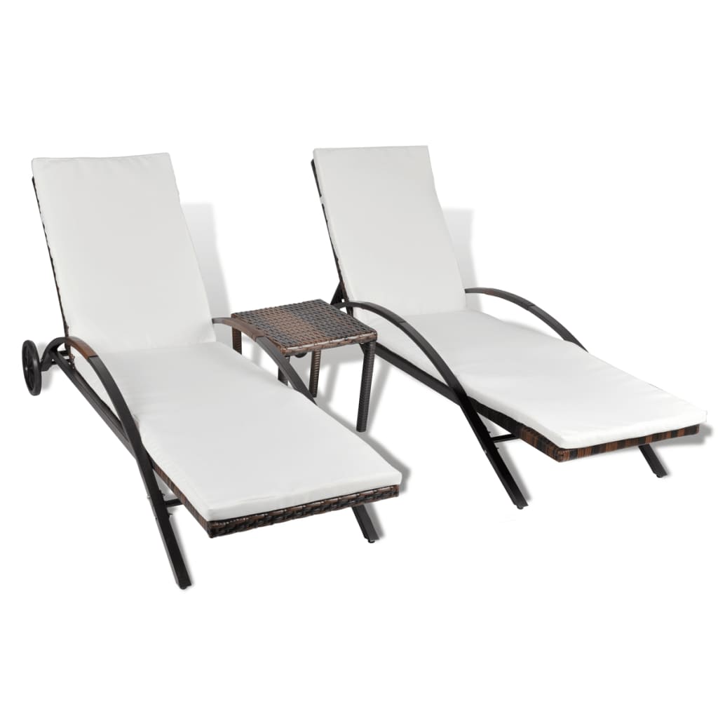 vidaXL Sun Loungers with Table Poly Rattan Brown 42490