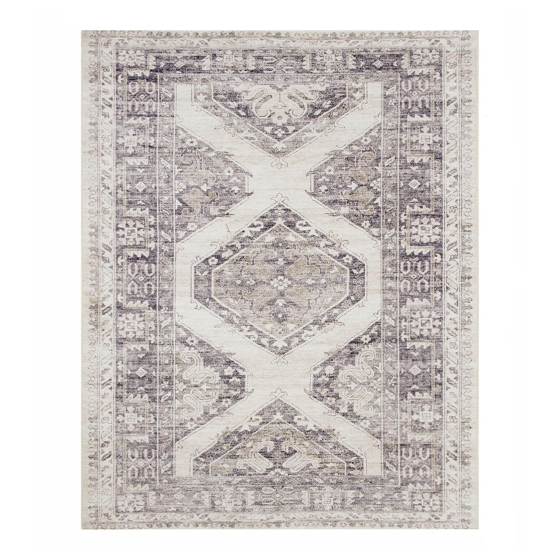 (B829) Grey & White Floral Washable Area Rug, 8x10 - nybusiness